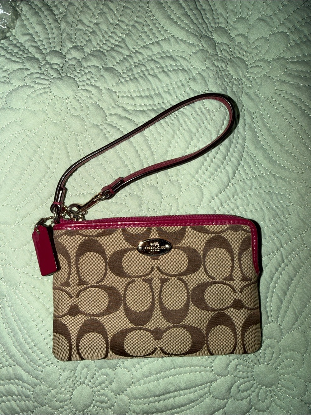 Coach Khaki Canvas Wristlet with Pink Trim